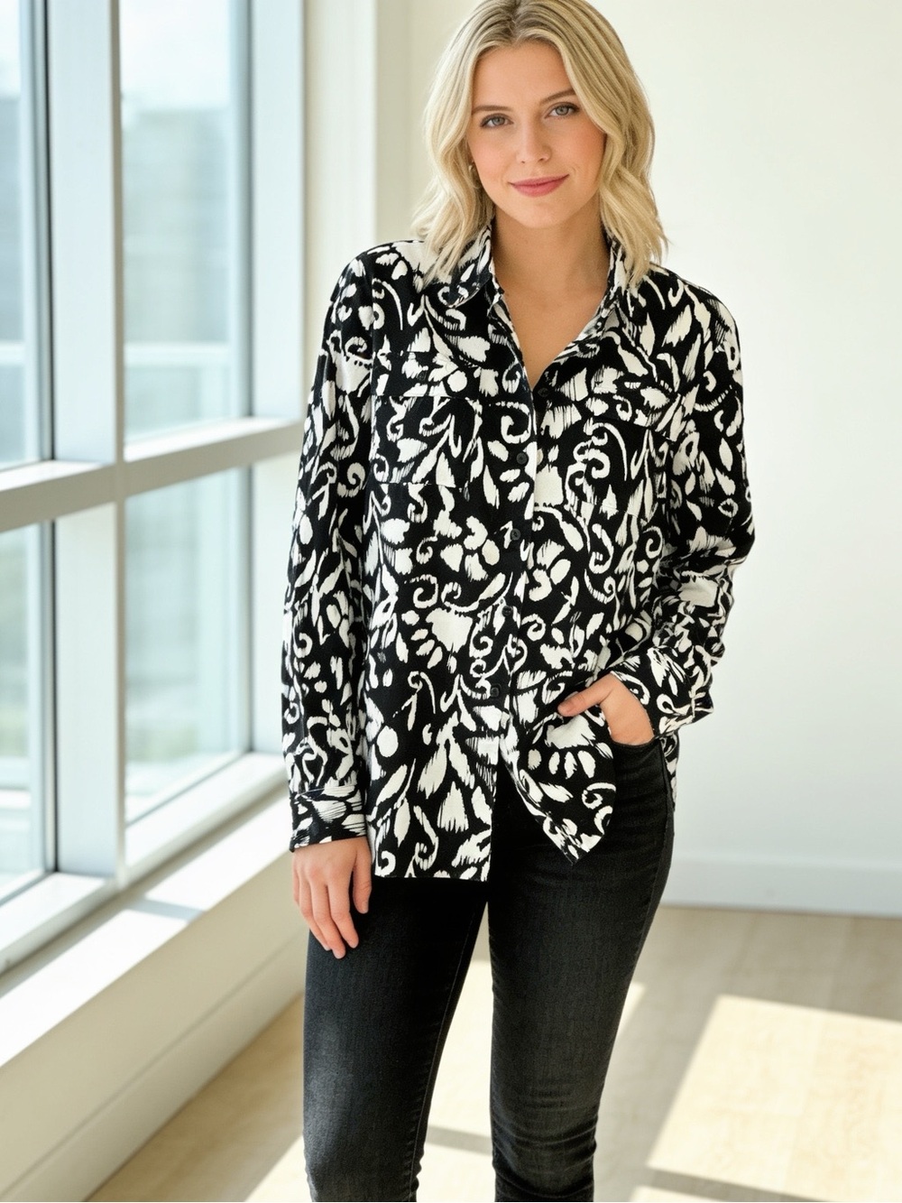 Jones New York Signature Black White Floral Cotton Button Front Shirt Medium